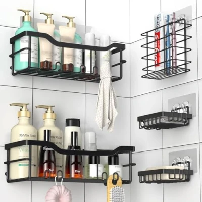 Image of Yazoni Shower Shelves 5 Packs, No Drilling Adhesive Caddy, Rustproof Stainless Steel Bathroom Organizer, Wall Mounted, Large Capacity, Organizer Rack for Kitchen