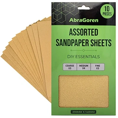 Image of Pack of 10 Sand Paper Sheets Mixed Grits, 3x Fine, 4x Medium, Coarse Assorted Sandpaper for Wood and Walls
