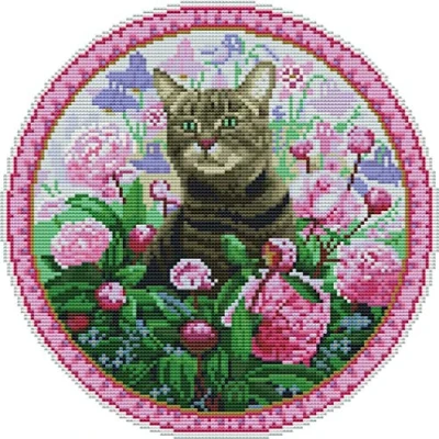 Image of Abillyn Embroidery Cross Stitch Kits Cat and Flower Stamped with Printed Pattern Starter Kit (Cat)