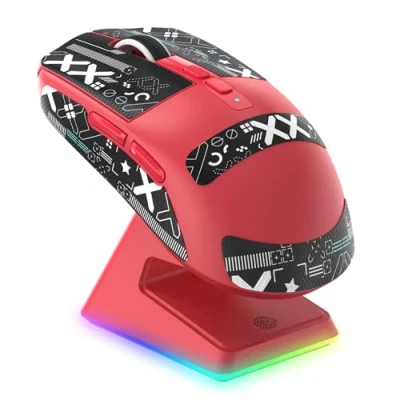 Image of VGN GAMEPOWER ATTACK SHARK X6 SUPERLIGHT Wireless Gaming Mouse with RGB Charging Dock, 49g Ultralight Mice, 26000DPI, PixArt PAW3395, 2.4G/USB C Wired/Bluetooth, G502, 200Hrs Battery, Grip Tape, Red