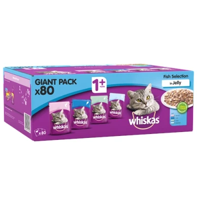 Image of Whiskas 1+ Cat Pouches Fish Selection in Jelly 80x100g Giant Pack
