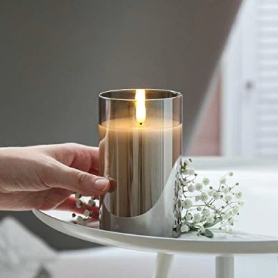 Image of Festive Lights Authentic Flame 12.5cm Real Wax Smoked Grey Glass Flameless Battery Operated Candle Warm White Flickering LED Safe, Elegant Indoor Christmas &amp; Home Decoration (Without Remote)