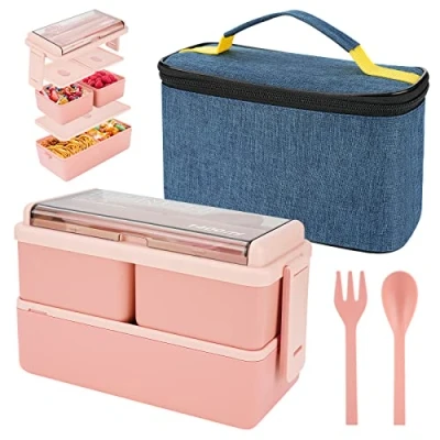 Image of 1400ml Lunch Box with 3 Compartments 2 Layer Leak Proof Bento Insulated Bag and Cutlery, Meal Prep Container for Adults Kids Students Office Microwave Dishwasher Safe Available (Pink)