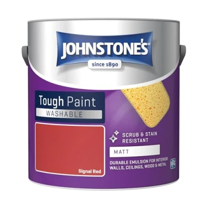 Image of Johnstone&#039;s Washable Paint Signal Red Matt Finish Emulsion Highly Durable Stain Resistant Non Toxic &amp; Low Odour 12m2 Coverage per Litre 2.5L