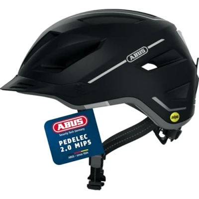 Image of ABUS Pedelec 2.0 MIPS city helmet bike with rear light, peak, rain cover and impact protection for men women black matt, size M