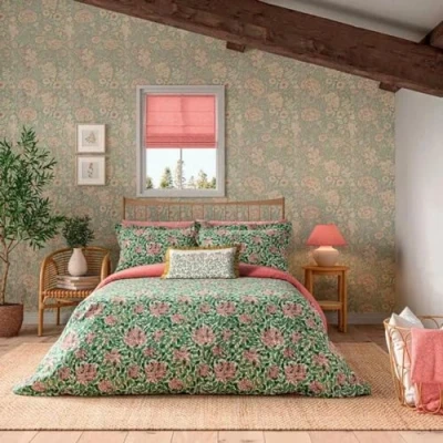 Image of Morris &amp; Co Honeysuckle Duvet Cover Set Double Evergreen Coral