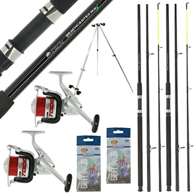 Image of 2x Sea Fishing Beachcaster Rod 12ft 3pc &amp; 1BB Reel 20lb Red Lined Spooled Combo 110 180cm Telescopic Tripod