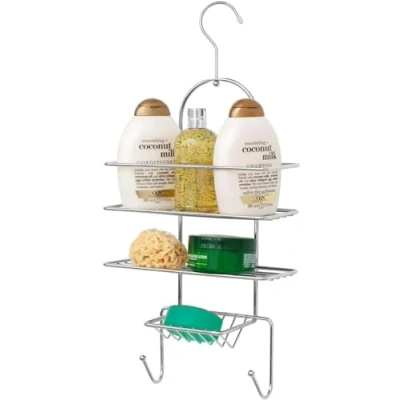 Image of 2 Tier Hanging Shower Caddy With Hook &amp; Soap Dish Smart Design No Drilling Rust resistant Organiser Accessory Shelf Holder for Bathroom Organisation Basket Chrome