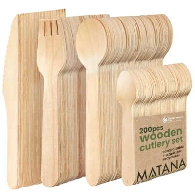 Image of MATANA 1000 Mini Disposable Wooden Cutlery Set Eco Friendly 100% Natural Wood 500 Forks, Knives, Spoons, Teaspoons Biodegradable &amp; Compostable