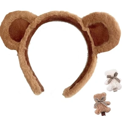 Image of Teddy Bear Ears Headband, 1/2/4pcs Fluffy Brown Headband Adults Kids With 2pcs Clip (Brown)