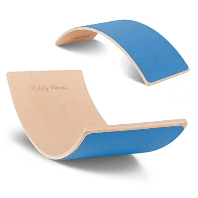 Image of KiddyMoon Wooden Balance Board For Children Swing Montessori Toy Kids Balancing Babies Toys Wobble 80X30cm, Natural/Blue Felt