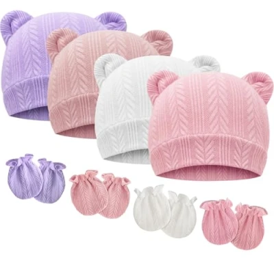 Image of DRESHOW Newborn Baby Beanie Hat and Gloves, Girl Spring Summer Autumn Winter Hats for 0 6 Months Infant Cotton