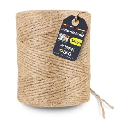 Image of BFG Jute Twine 200 m 2 mm Tear Resistant Ply Cord, Garden Cord with Natural Fibre for Plants and Decorations, Brown Parcel Yarn Packaging Crafts