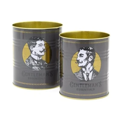 Image of Set of 2 Decorative Gentleman&#039;s Essentials Tin Cans Piece Grey Retro Metal Storage Vintage Style Display