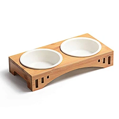 Image of PETCUTE Ceramic Pet bowl double Dog Elevated Non Slip Cat Food Water with wood stand