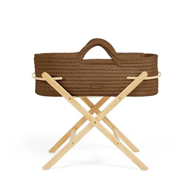Image of Ickle Bubba Nova Crochet Moses Basket &amp; Foldable Stand Suitable from Birth to 9kg, Compact and Lightweight, Includes Plush Mattress, Ideal for Naps at Home or Travelling (Cloud/Pine)