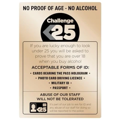 Image of Challenge 25 Sign Gold A4 297 x 210mm Alcohol Law Pub Bar Restaurant