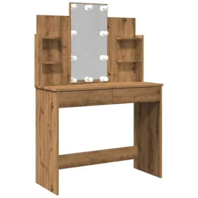 Image of vidaXL Dressing Table with LED Lights and Mirror Makeup Desk Drawers Shelves Engineered Wood Artisan Oak Bedroom Vanity