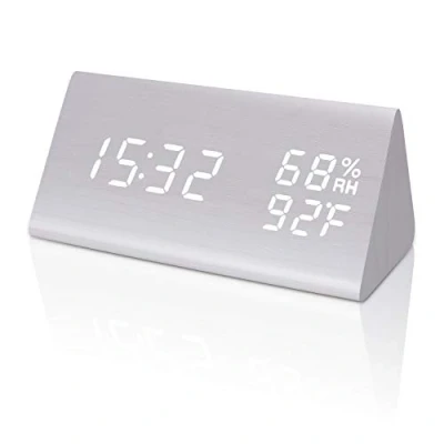 Image of Raercodia Digital Alarm Clock Decorative Wooden Desk Modern Electronic LED Display Time Date Temperature Humidity Voice Control 3 Alarms for Home Kids Bedroom Office (White,Triangle)