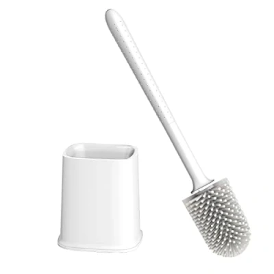 Image of Canvint Toilet Brush, Silicone Brush with Holder Set, Dead Corner Deep Cleaning Quick Drying Holder, Loo Flexible No Slip Long Plastic Handle for Bathroom (White)
