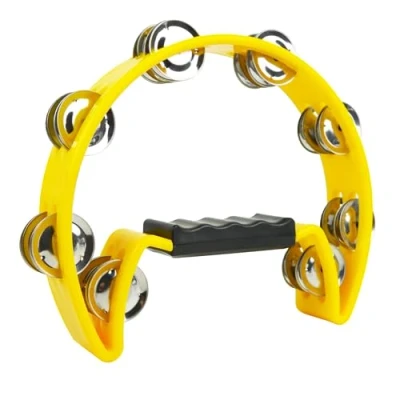 Image of A Star Half Moon Tambourine, Double Jingle Bell Cutaway with Ergonomic Grip Handle Singers, Bands, Musicians, Music Classes Yellow