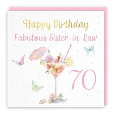 Image of Hunts England 70th Sister in Law Pink Cocktail And Butterflies Birthday Card Luxury Gold Foil Milo&#039;s Gallery Age 70 Drinks, Flowers, Hearts Elegant For