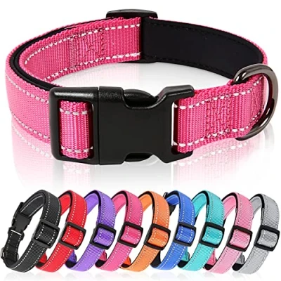 Image of HEELE Dog Collar, Reflective Soft Neoprene Padded Breathable Nylon Pet Collar Adjustable for Large Dogs, Rose, L(40 66cm)