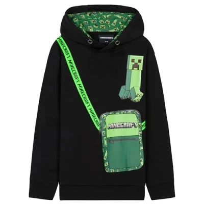 Image of Minecraft Boys Hoodie Creeper Hooded Sweatshirt Warm Soft Pullover Streetwear 7 14 Years Gifts for Teenagers (Black/Green, 11 12 Years)