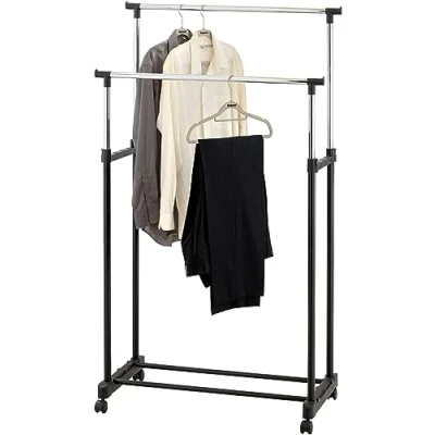 Image of Double Adjustable Height Garment Clothes Dress Coats Jackets Hanging Rail Rack Storage Display Stand on Castor Wheels with Shoe Shelf