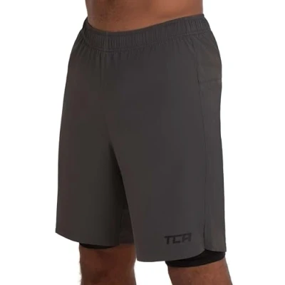Image of TCA Ultra 2 in 1 Compression Shorts Men Running Gym for with Back Zipped Pocket Asphalt Grey, L