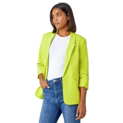 Image of Roman Originals Ruched Sleeve Stretch Blazer for Women UK Ladies Everyday Holiday Spring Summer Edge to Opening Comfy Soft Evening Vacation Work Party Lime Size 14