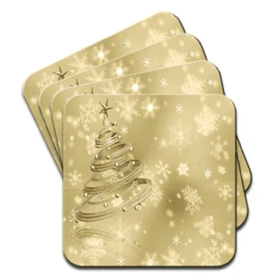 Image of Gold Swirled Christmas Tree with Star &amp; Baubles Snowflakes Falling Set of 4 Coasters