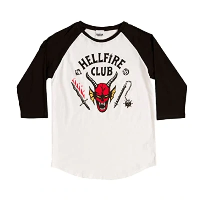 Image of TruffleShuffle Stranger Things Hellfire Club 3 4 Sleeve Baseball T Shirt White/Off White