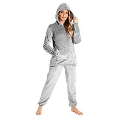 Image of CityComfort Womens Pyjamas, Hooded Fleece Pyjamas Women and Teens, Fluffy Loungewear Set, Cosy PJs (Grey, XL)