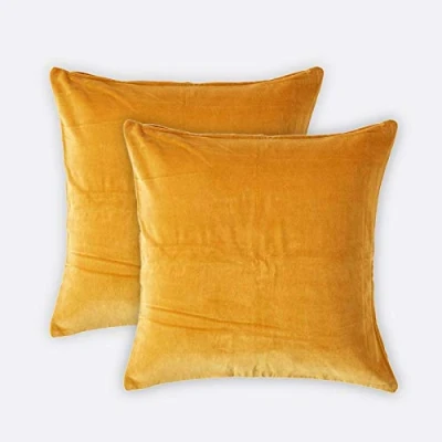 Image of HOMESCAPES Set of 2 Mustard Velvet Cushion Covers Super Soft Cotton Luxury Square Scatter Cushions Dark Yellow Plain Accent Pair Throw Pillows for Sofa and Bed Decoration, 40 x 40cm
