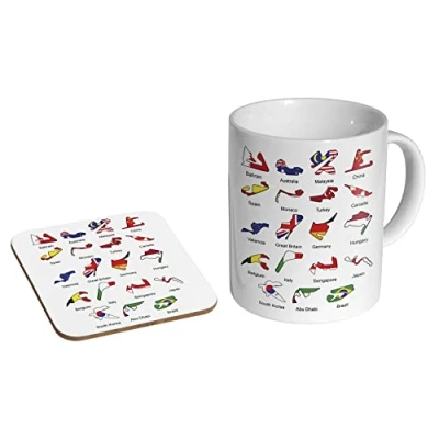 Image of mugmart Racing Circuit Tracks Collage F1 GP Ceramic Coffee Mug + Coaster Gift Set Flags