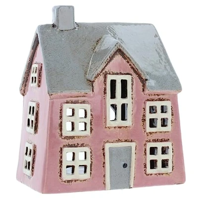 Image of Shudehill Giftware Ceramic Village Pottery Pink Dormer house Tealight Holder, beautiful warming gift, Home Ornament, Candle Holder