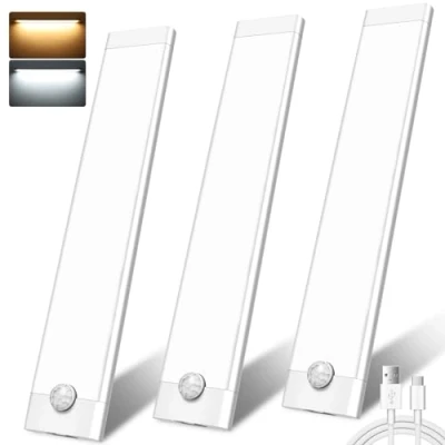 Image of under Cabinet Kitchen Lights,3 Pack 44 LEDs 3 Modes Motion Sensor Cupboard lights,2000mAh USB Rechargeable Stepless Dimming Wardrobe Light,2 Color Temps Closet Light for Stairs