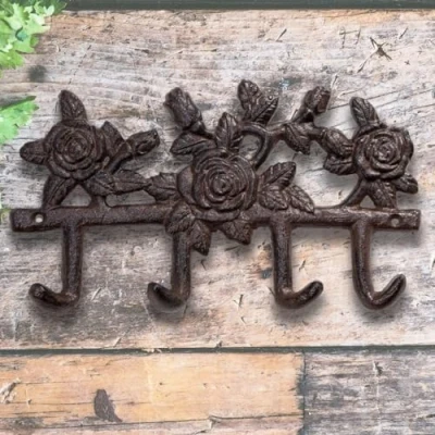 Image of Garden Mile Cast Iron Rose 4 x Hook Outdoor Indoor Hooks Hanging Wall Mounted Heavy Duty Decorative
