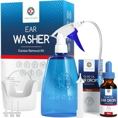 Image of Medi Grade All in One Ear Wax Removal Kit with Large Capacity Bottle 300ml and Olive Oil Drops 10ml Safe Home Cleaner Reusable Cleaning 2 Nozzles, 8 Tips &amp; Basin