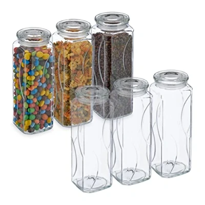 Image of Relaxdays Set of 6, Jars, Airtight Lids, 1650ml Each, Dry Food Storage, HWD: 27x9.5x9.5 cm, Glass, Transparent, 27 x 9.5 cm