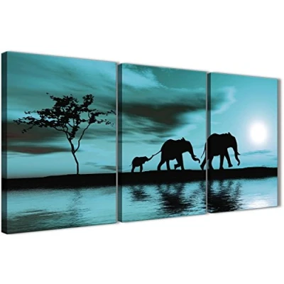 Image of Wallfillers Teal African Sunset Elephants Canvas Wall Art Print Multi Set of 3 125cm Wide 3362