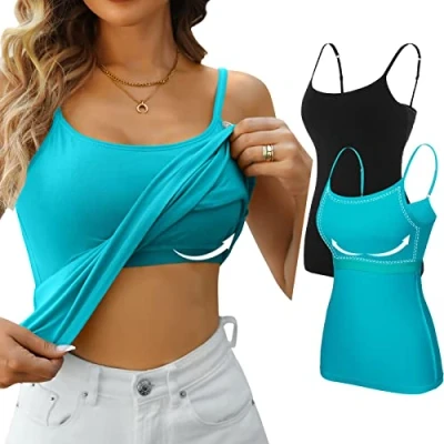 Image of CharmLeaks 2 Pack Women Cotton Camisole Spaghetti Strap Cami Vest Top , XL, Black &amp; Aqua