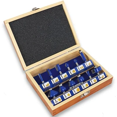 Image of S&amp;R 12 Piece Router Bit Set for Professional Woodworking High Quality Forged Tool Steel with Tungsten Carbide Cutting Edges, 8mm Shank, Wooden Case Included&quot;