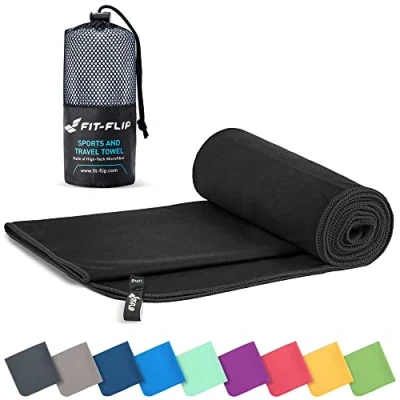 Image of Fit Flip Microfibre towel compact, ultra lightweight &amp; quick dry the perfect gym, travel beach swimming for sports, camping hiking (70x140cm black + bag)
