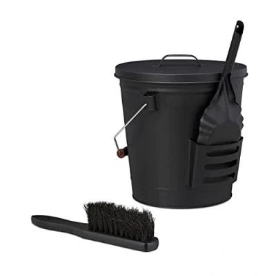 Image of Relaxdays Ash Bucket with Lid and Sweeping Set, vol. 19 L, incl. Broom &amp; Fireplace Shovel, HWD: 36 x 35.5 33 cm, Black, Steel