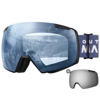 Image of OutdoorMaster Heron Ski Goggles with 2 Lens, Frameless, Magnetic Interchangeable HD Toric OTG Snowboard Goggles(BlackFrame LightBlue Vlt 80% + SilverLens)