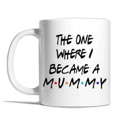 Image of Risk a Designs The One Where I Became Mummy Ceramic Mug, Mum to be Gift, Friends Style pastiche Pregnancy Reveal Expectant