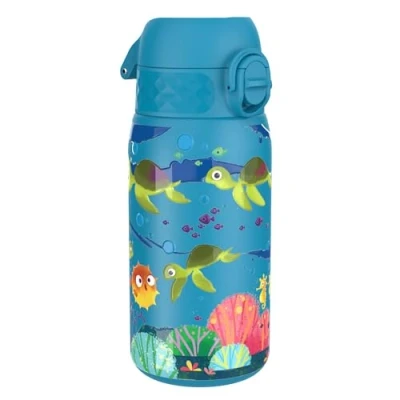 Image of Ion8 Stainless Steel Water Bottle (350ml) Leakproof Drinking Bottle, Triple Lock Lid Prevent Spills &amp; Hide Away Handle, Dishwasher Safe Straw Compatible, Slimline Design for Backpacks, Sea Turtle