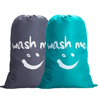 Image of IHOMAGIC Set of 2 Large Foldable Laundry Bag Storage with Nylon Rope 120 g Lightweight Portable for Dirty Clothes 90 L in Bedrooms, Hotels, Dormitories, Travel, Blue+Grey Smile